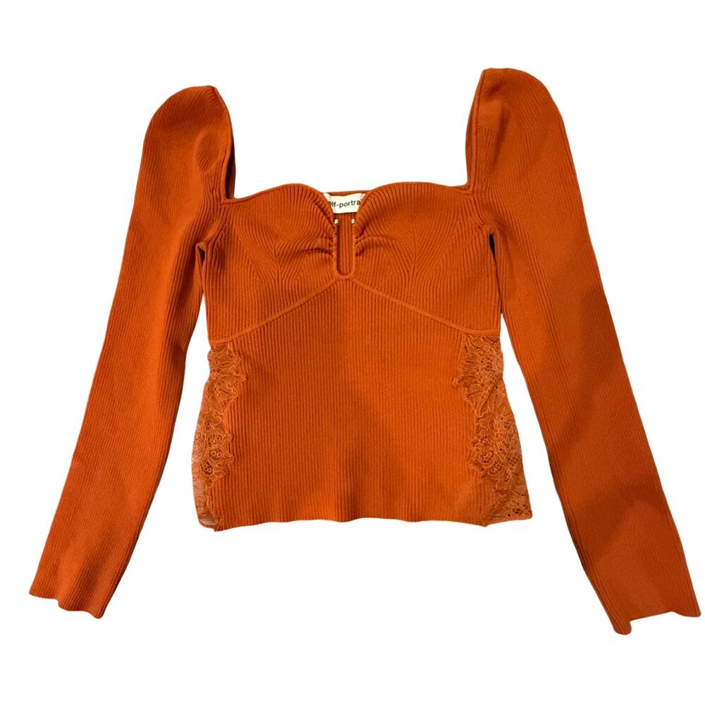 Self-Portrait Designer Cinnamon Ribbed Top Lace Panel, Large - Picture 2 of 4